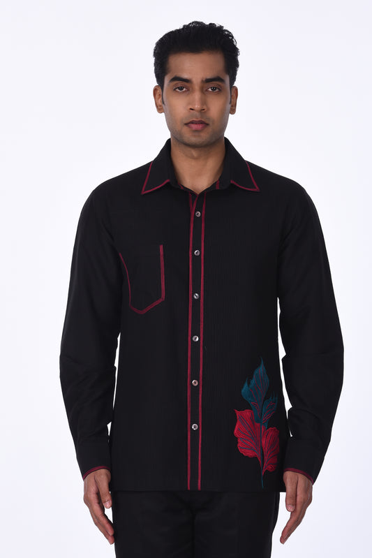 Black Full Sleeve Men's Shirt with Leaf Embroidery