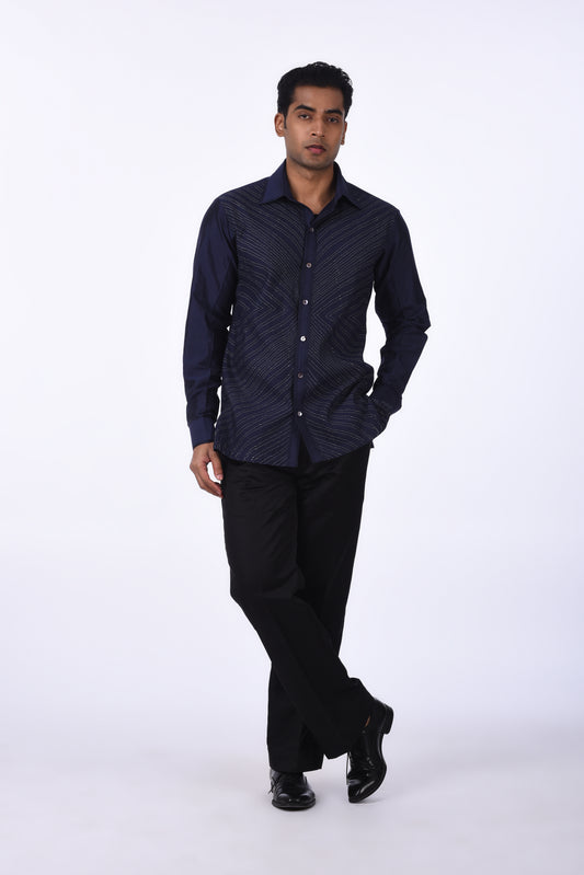 Navy Blue Shirt with Geometric Sequin Detailing