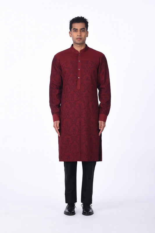 Maroon Textured & Printed Kurta