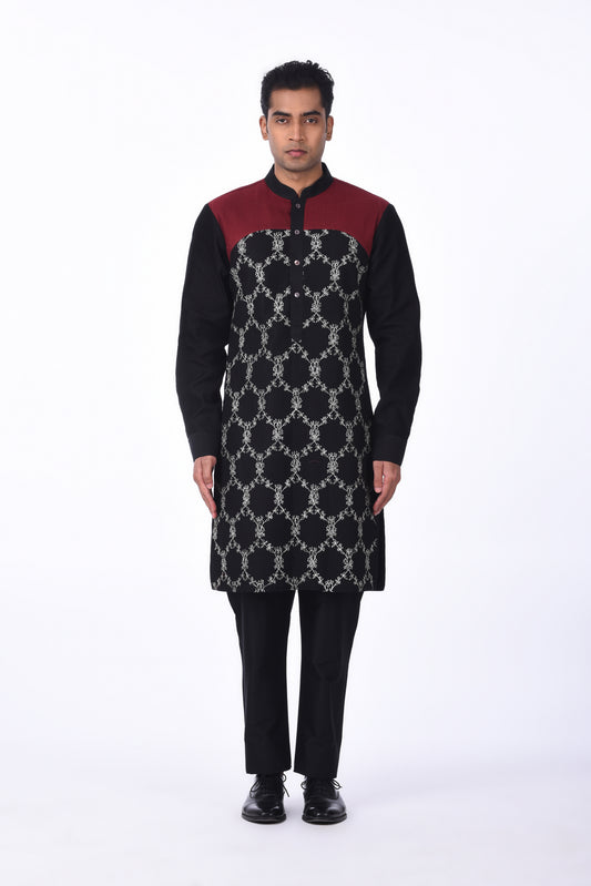 Black and Maroon Geometric Kurta