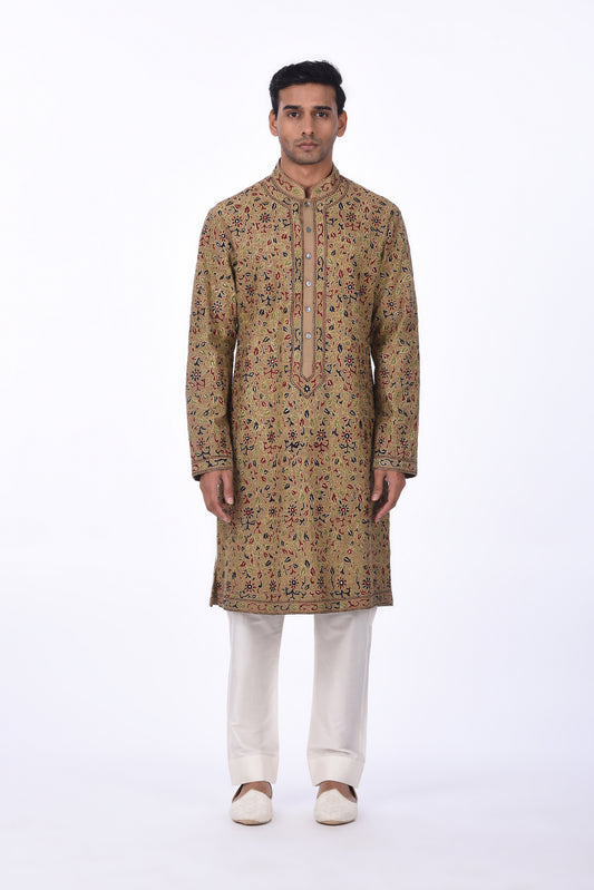 Olive Green Floral Embroidered Kurta