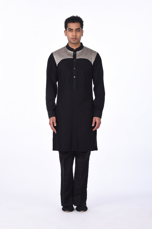 Black Kurta with Silver Textured Yoke
