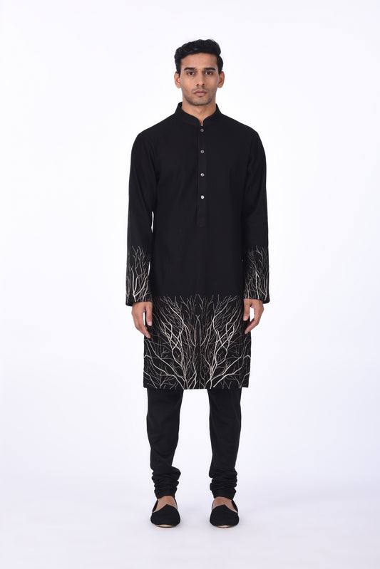 Black Kurta with Gold Tree Root Pattern