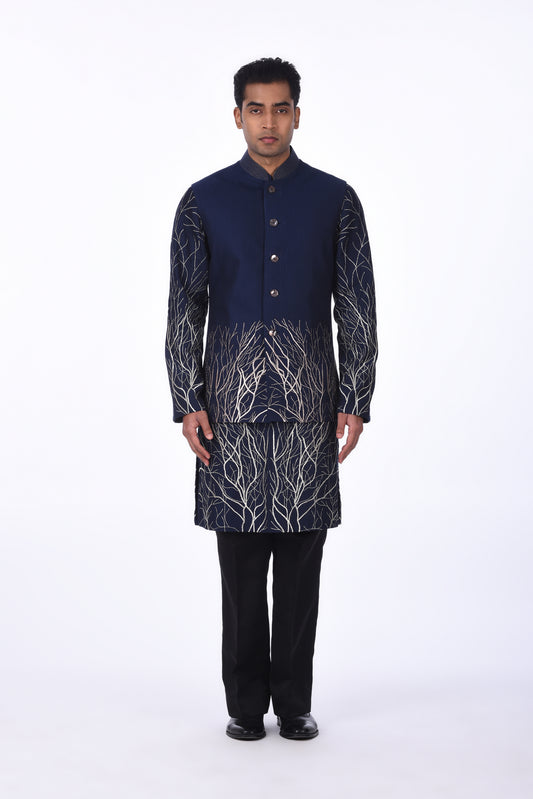 Navy Blue Kurta with Silver Vine Motif