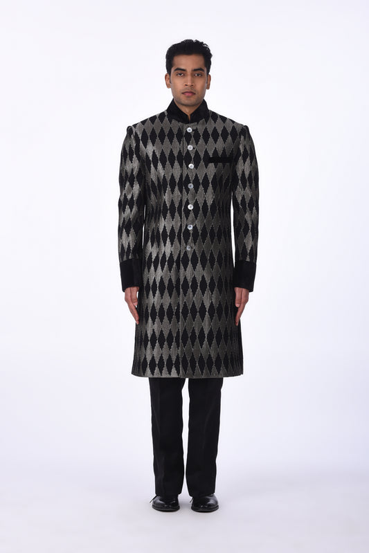Black and Silver Diamond Pattern Sherwani