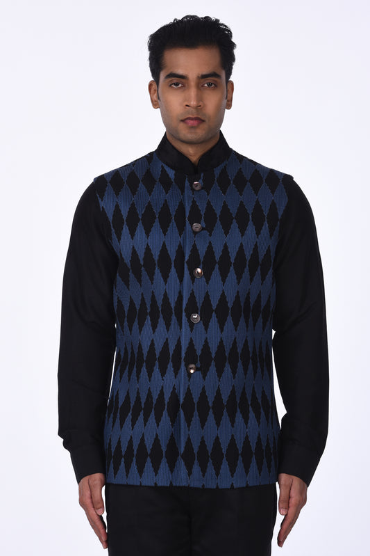 Blue & Black Argyle Checkered Nehru Jacket