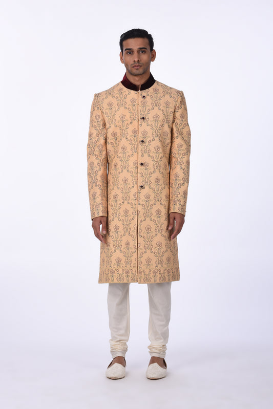 Beige Floral Embroidered Sherwani