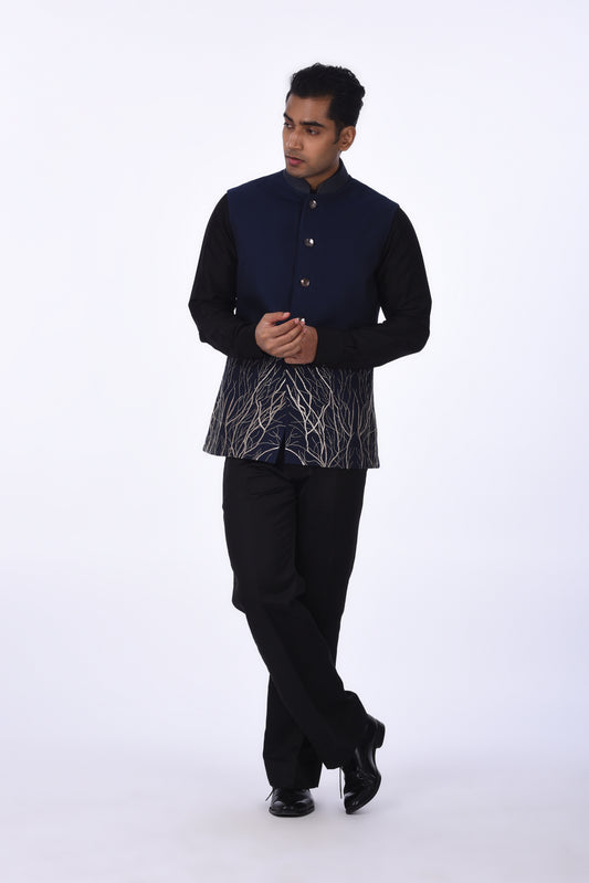 Navy Blue Tree Branch Embroidered Waistcoat